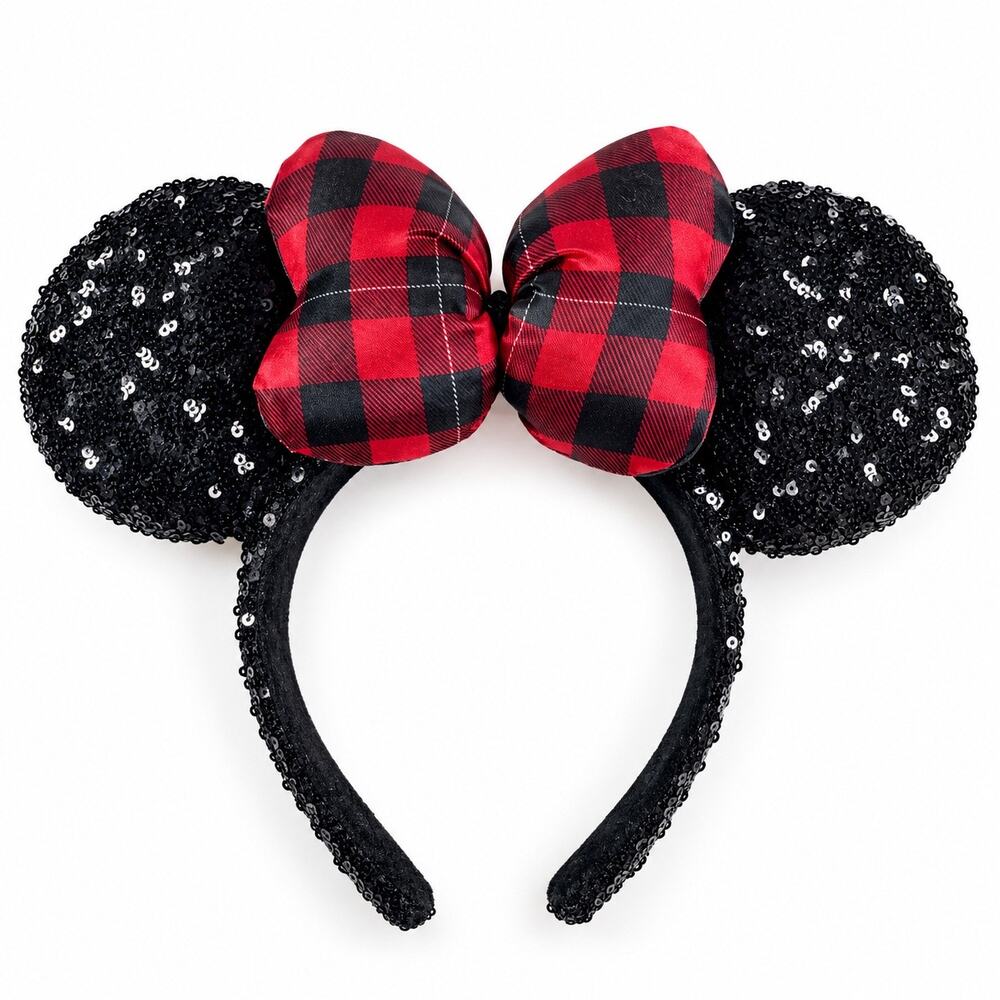 Disney Parks Minnie Mouse Ears Black Sequin Red Buffalo Plaid Bow Christmas